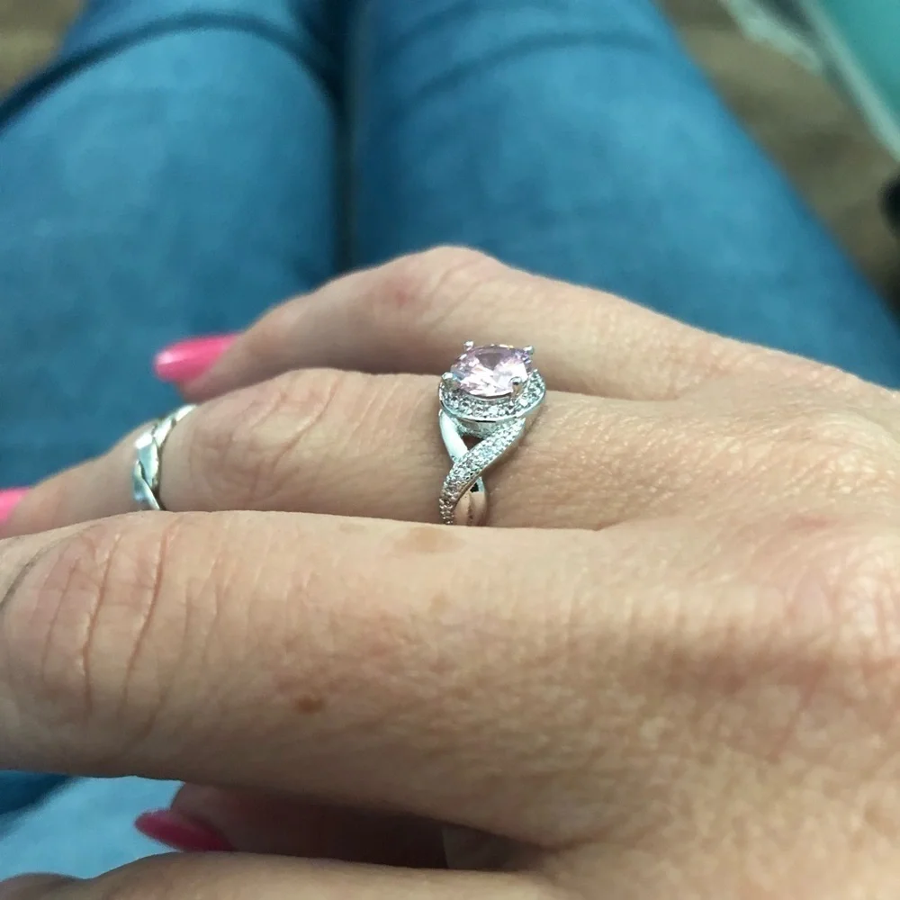 Pink & White Cubic Zirconia Antique Style Engagement Ring Silver Tone Round Halo